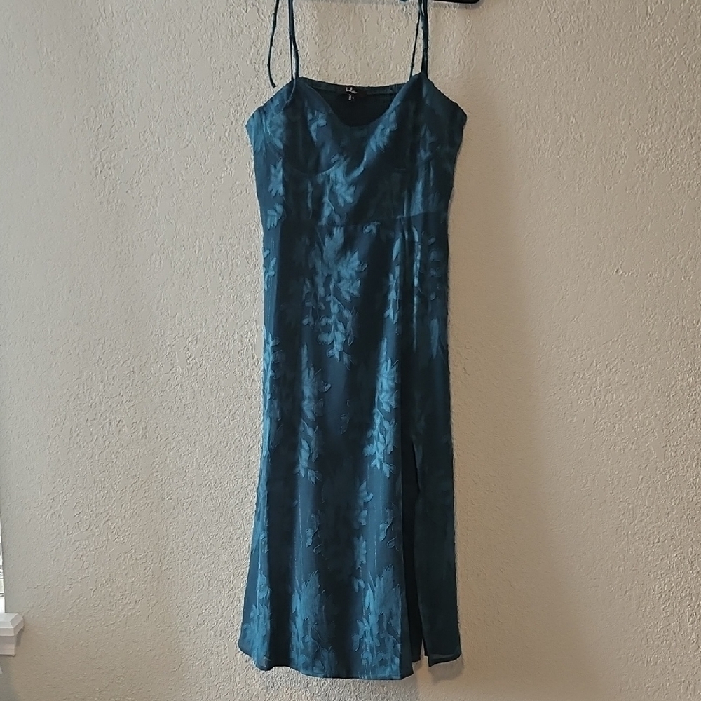 Lulus Teal Floral Midi Dress – Size Large✨ Worn Once – Excellent Condition ✨
